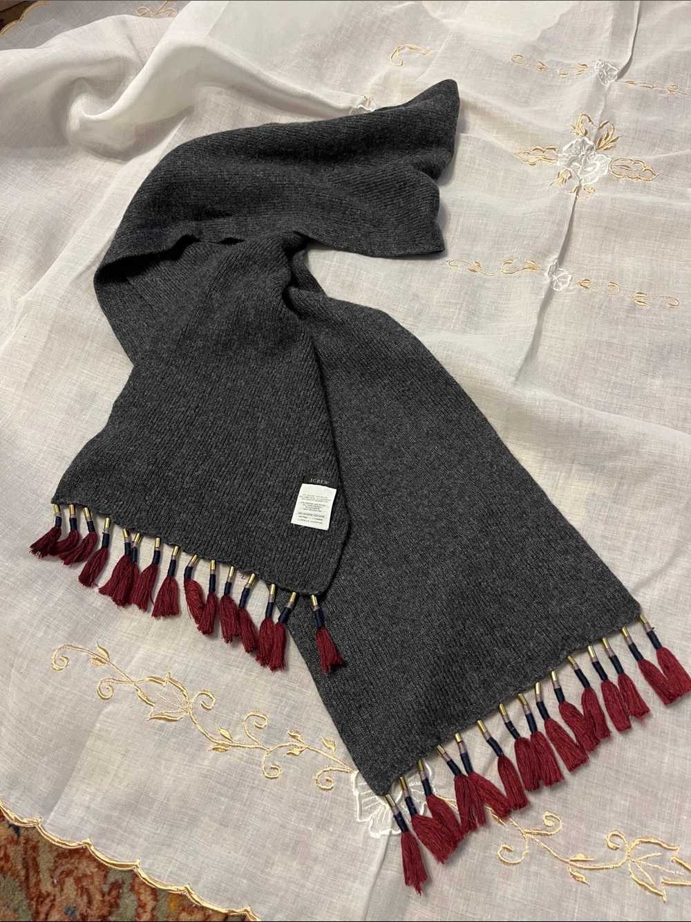 J Crew Charcoal Gray Tassel-Trim Scarf